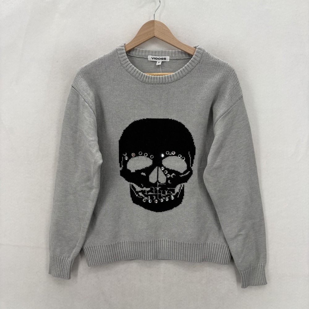 Vigoss Sweater Womens Small Gray Skull Rhinestone Crewneck Knit Pullover Goth